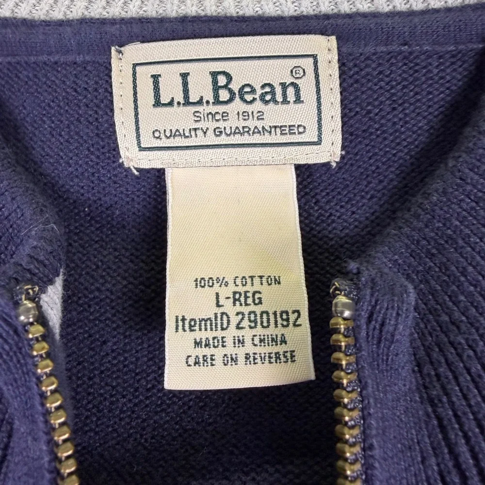 LL Bean Full Zip Cardigan Men L Navy Blue Cotton Mock Neck Sweater 290192